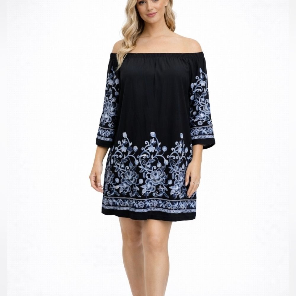 Allison Joy Black and Blue Floral Embroidered Off Shoulder Dress Size Medium
